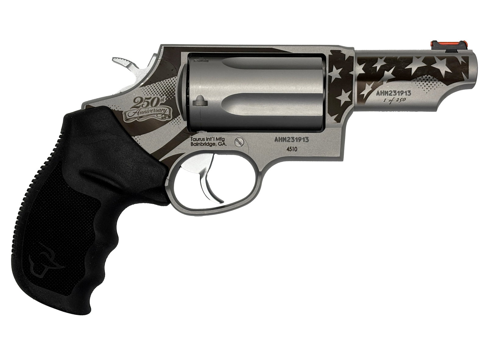 TAURUS JUDGE 250 ANNIVERARY 45LC/410 3IN BARREL 5 Round SILVER US FLAG ON BARREL/FRAME Black GRIP TALO 2-4
